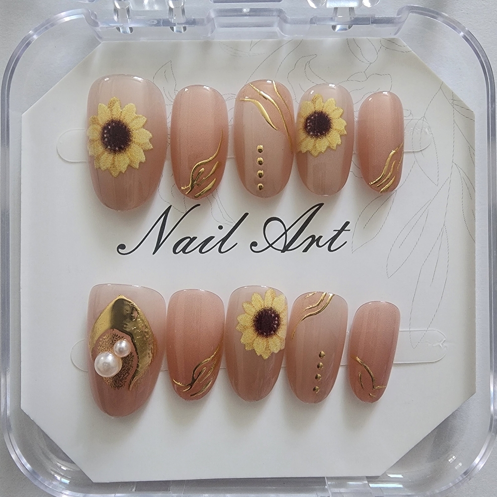Sunflower Gold Chrome & Pearl Accents Almond Press On Nails - Size Small